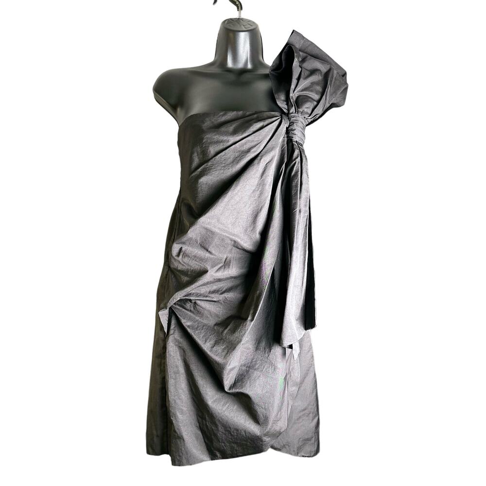 Ryu Strapless Black Gathered Asymmetrical Shoulder Bow Ruched Mini Dress Medium